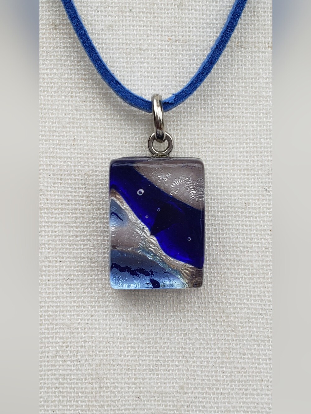 Handmade Blue Square Dichroic Glass  Pendant Necklace